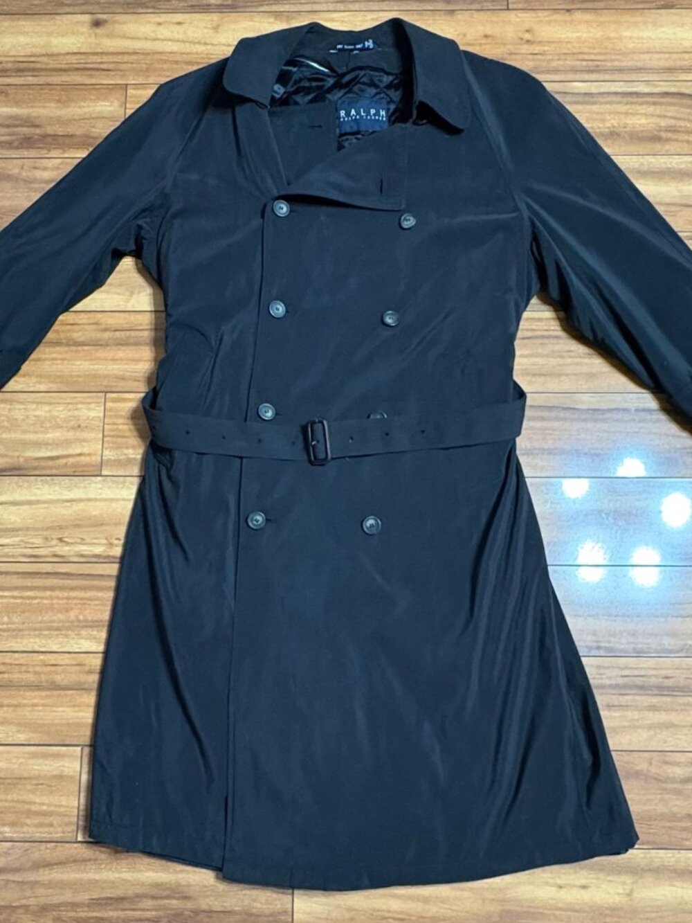 Vtg Ralph Lauren Black Double-Breasted Trench Coat  Belt Lined Men's 44R L/XL - Picture 4 of 12